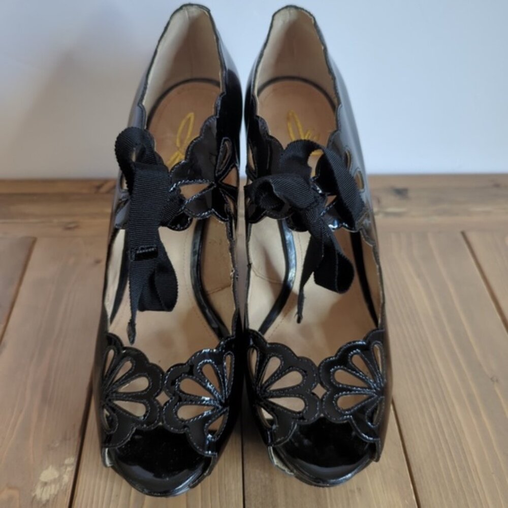 Black Patent Leather Tear Drop Scalloped Edge Open Toe Heels